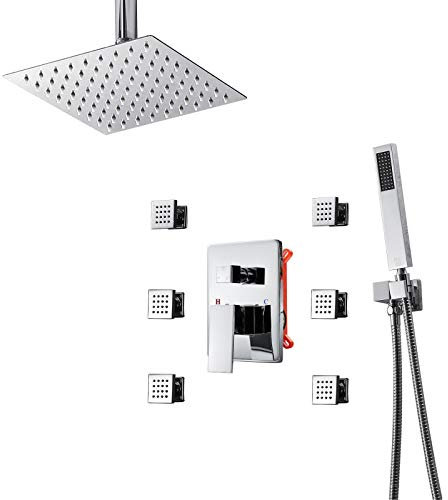 Sistema de ducha empotrada, Baño Grifo de ducha Hidromasaje Con 6Pcs Girar Jet de Masaje Techo Montaje 10 Cabezal de Ducha lluvia Con Ducha de mano y 1,5m Manguera de ducha Kit,Cromo,Square