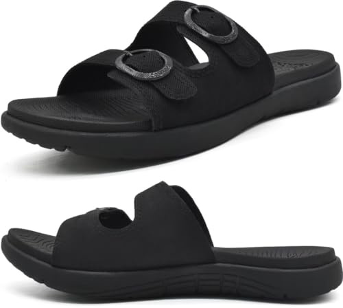 COFACE Dam ortopediska tofflor komfort plantar fasciit båge stöd slip on platta sandaler dam mjuk kudde mode yogamatta glidare med justerbara remmar, Helt svart, 37 EU