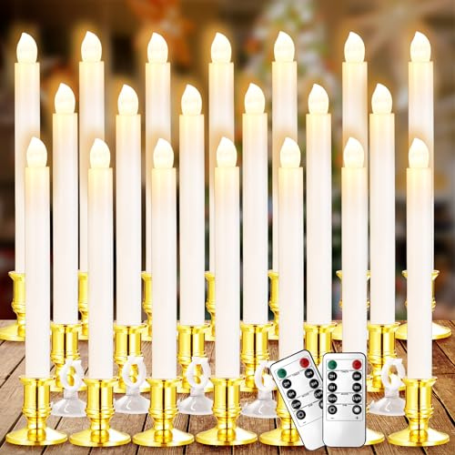 YAUNGEL Window Candles, 20 Pack LED Battery Operated Christmas Candles for Windows with Remote Timer Electric Candle Lights with Removable Candle Holders Suction Cups for Christmas Decorations, Gold