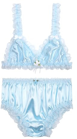Satini Women's Satin Frilly Lace Sissy French Knickers Briefs Panties and Bralette Bra Bundle (Baby Blue, S)