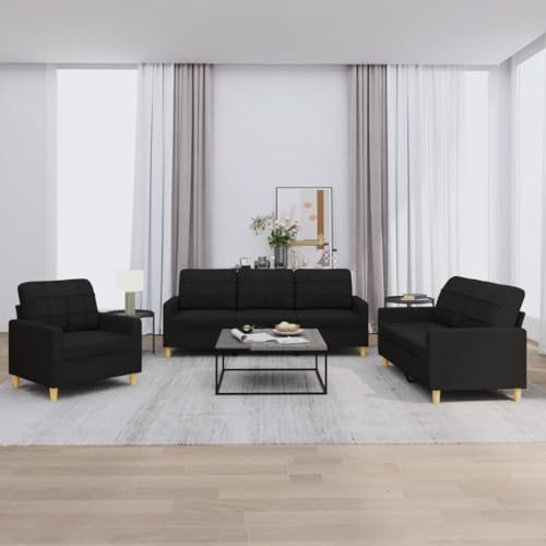 Homgoday Juego de sofá de 3 piezas con cojines, sofá de invitados, sofá lounge con respaldo, sofá acolchado para sala de estar, dormitorio y oficina, con tela negra