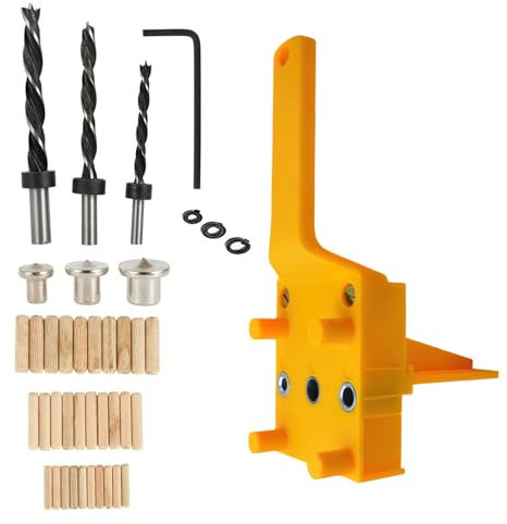 41PCS Dowel Jig Kit, 6/8/10MM Woodworking Dowel Jig Kit Handheld Drill Guide Bit Tools Professional Doweling Hole Saw Tools Metal Sleeve Wood Drilling Set Hole Saw Tools (Yellow)