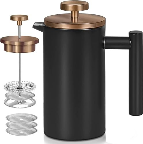 Wrobic Cafetiere French Press Coffee Maker, 1500ml/50oz large insulated cafetiere, Double-Wall Insulated Stainless Steel, 3 Level Filtration System, French Press for Home, Camping and Office, Black