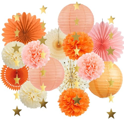 Beige Orange Peach Fall Party Decorations Boho Orange Peach Birthday Decorations Paper Fans Lanterns Peach and Cream Party Decorations for Autumn Baby Shower Bridal Shower Wedding Engagement Party