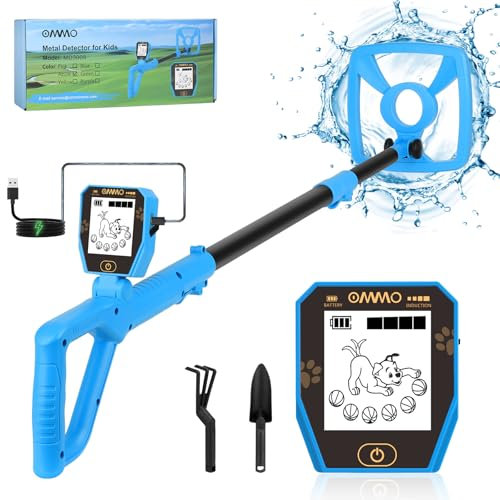 【Type-C】 Detector de Metales Niños, OMMO Detector de Metales Recargable con Divertida Pantalla LCD, 72-100cm Ajustable para Niños, IP67 Detectores de Metales Ligeros, Exploración al Aire Libre (Azul)