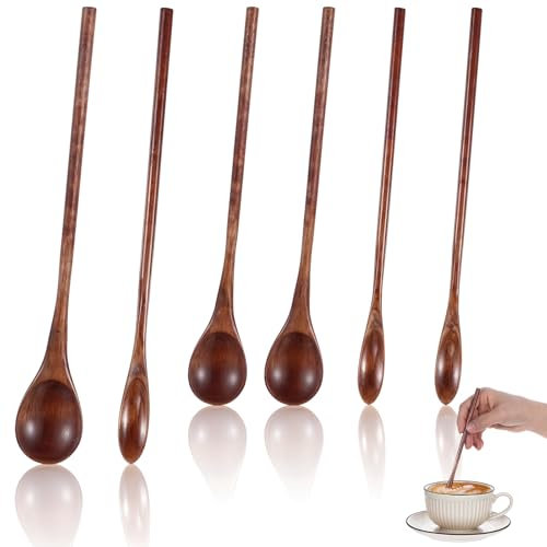 Ouligay Lot de 6 cuillères à long manche en bois de 20 cm - Cuillères à miel - Cuillères à café en bois - Cuillères à soupe - Pour café, miel, thé, soupes, cuisine (marron foncé)