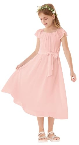 GRACE KARIN Girls Evening Dress Elegant Pink Chiffon Maxi Dress V-Back Elastic Waist A-Line Party Gown Light Pink 6-7 Years