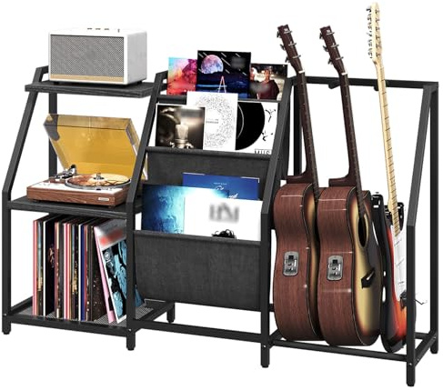 MAHANCRIS Guitar Rack, Multiple Guitar Stand with Storage and Sling Fabric Pouches for 3 Acoustic Guitar, Bass, Vinyl Records and Amp, with Anti-Slip Sponge Covers, for Music Studio, Black AGSBK10301