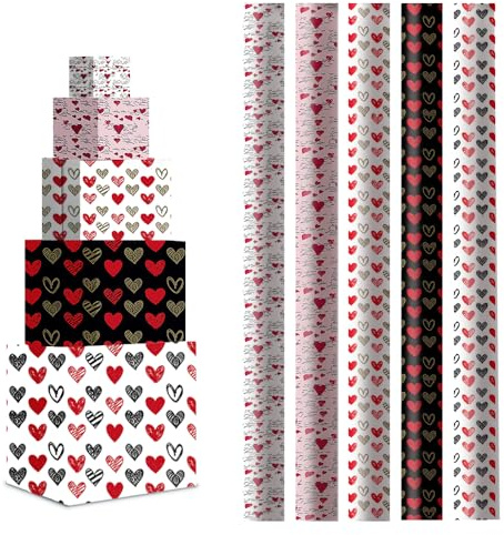 H HANSEL HOME Pack 5 Rollos Papel de Regalo 70x200cm – Diseño de Corazones Rojos y Dorados – Papel Grande y Resistente para Envolver Regalos de San Valentín, Bodas y Aniversarios