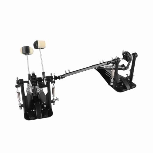 Double Kick Bass Drum Pedal, 4 Way Beaters, Double Chain, Memory Lock, Firm Grip Stable Powerful Operating Zinc Aluminum Professional Foot Kick for Drum Players