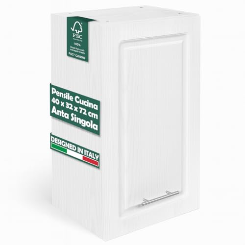 Shally Dogan Pensile da Cucina a Parete Design Boiserie, Armadio Sospeso in Legno con Anta Singola, 1 Ripiano e 2 Scomparti, Armadietto da Muro Spazioso, 40 x 32 x 75H cm (Bianco Frassinato)