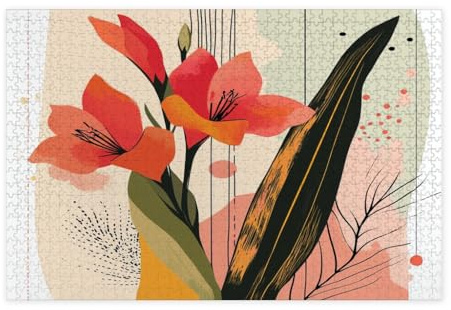 Spring Gladiolus Flower Jigsaw Puzzles for Adults 1000 Piece, Retro Mid Century Florals Wooden Printed Puzzles, Fun Funky Pattern Decor for Home