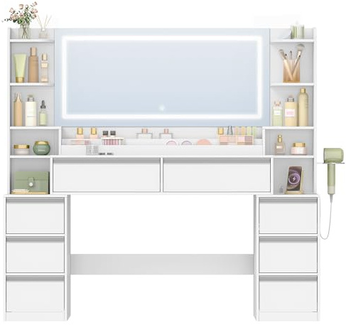 HEXCELEN Sminkbord med Spegel, Sminkbord, Justerbara 3-Färgade LED-lampor, Sminkbords med Kontakt, Hårtorkhållare, 8 Lådor, Öppna Förvaringsutrymmen, 40 x 150 x 140 cm, Modernt, Vitt Silver