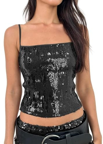Lshyuehao Women Sparkly Cami Top Sequin Spaghetti Strap Glitter Tank Top Sleeveless Going Out Tops Party Clubwear (A-Black, M)
