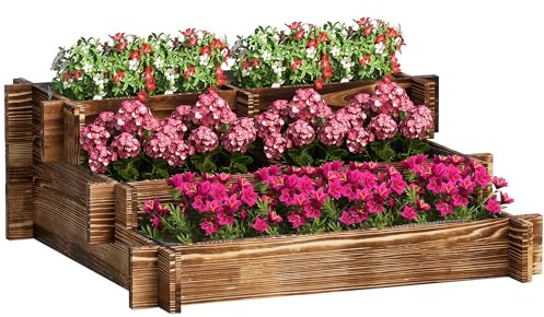 Outsunny Jardinera de Madera Arriate de Jardín de 3 Niveles con Diseño de Escalera y Tela no Tejida Huerto Urbano para Cultivos Plantas Flores para Terraza Jardín 93x93x35 cm Carbonizado