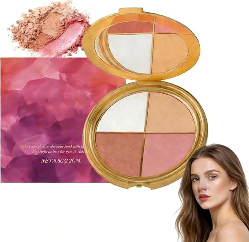 Paleta 4-en-1 para Rostro y Ojos, Sombra de Ojos, Iluminador, Colorete y Contorno, Maquillaje Multifuncional con Pigmentos Intensos, Textura Suave, Paleta Compacta para Viajes