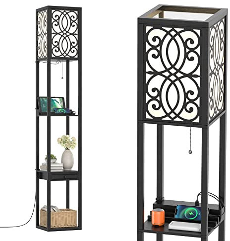 COSTWAY Lampada a Stelo con Ripiani e Cassetto, Lampada a Piantana Moderna con 2 Porte USB, Lampada da Terra per Salone e Camera da Letto, 26 x 26 x 160,5 cm (Modello 2)