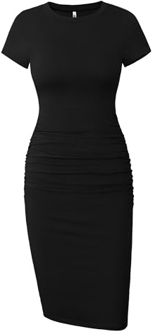 Missufe Ruched Bodycon Sheath Casual Dress Women's Short Sleeve Kneed Length Fitted T Shirt Sundress (Black, XX-Large)