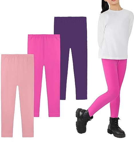 Auranso 3er Pack Leggings Mädchen Kinder Baumwolle Schwarz Leggings Lang Hosen Sport Pants 104 110 116 128 146 152 158 116-122 Rose/Lila/Rosa