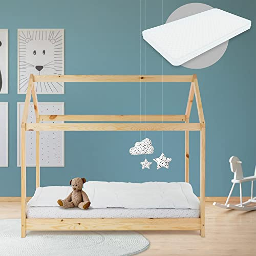 ML-Design Cama Infantil Casa Natural 70x140 cm de Madera de Pino + Colchón de Espuma Fría 10cm, Techo y Somier de Listones, Cuna de Suelo Maciza Casita de Juego Juvenil Mobiliario para Niño y Bebé
