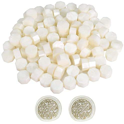 100 Piezas Cuentas de Sello de Cera, Cera para Sellos de Lacre, Blanco Perlado Perlas de Cera para Lacrar Octogonales, para Sellos de Cera, Cartas, Sobres, Tarjetas, Manualidades