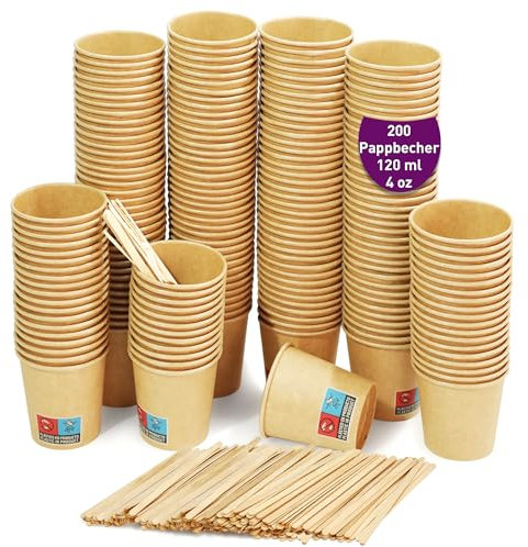 200 vasos desechables café kraft de 120 ml / 4 oz, vasos de cartón kraft desechables con paletinas de madera para café. Para bebidas frías y calientes. Para llevar