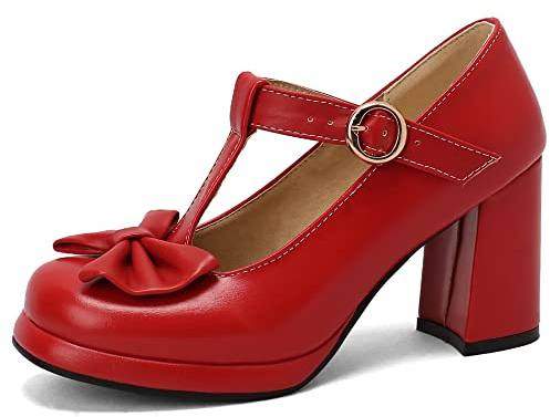 Scarpe Mary Jane da Donna con Tacco Largo, Pompe al Tallone Alto Punta Rotonda Fibbia Vestito Pumps con Plateau con Cinturino a T Bowknot Classico Rgobrp Rosso Numero 37 EU