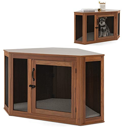 GYMAX Eck-Hundebox mit Kissen Hundehütte 114 x 60 x 68 cm Haustierbox mit Abschließbarer Tür Hundekäfig Haustierkäfig Tierkäfig für den Innenbereich Hundehaus Haustierhaus Braun