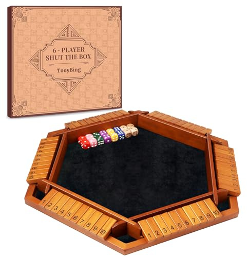 TooyBing Upgraded 1-6 Players Shut The Box Dice Game, Wooden Board Table Family Game for Kids and Adults with 16 Dice, Classic Tabletop Math Game for Pub Classroom Party, Gift for Christmas Birthday