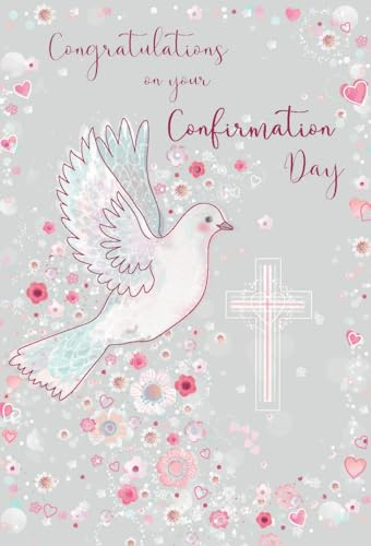IC&G Congratulations On Your Confirmation Card for Women/Girls - Pretty Dove, Flowers, Hearts & Cross Design - Premium Congratulations Greeting Card with Envelope - by International Cards & Gifts
