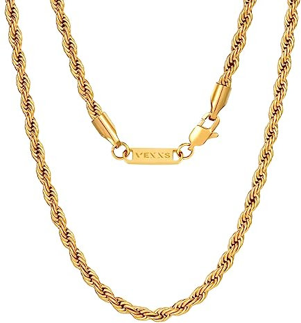 VEXXS Goldkette Herren Kordelkette,18 Karat Vergoldet 3/5mm Edelstahl halskette Herren Kette,Goldkette für Herren Damen Männer Jungen, Schmuck Geschenk,46-66cm