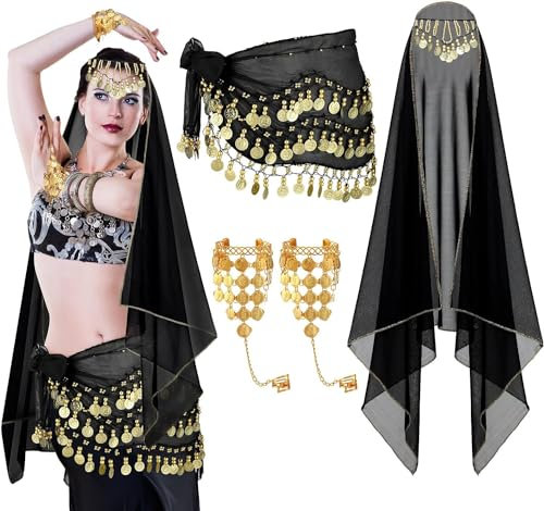 Charfia 3 Stück Bauchtanz Hüfttuch Kopftuch Armbänder, Wahrsagerin Kostüm Piratenkostüm Accessoires, Bauchtänzerin Kostüm Gürtel Damen