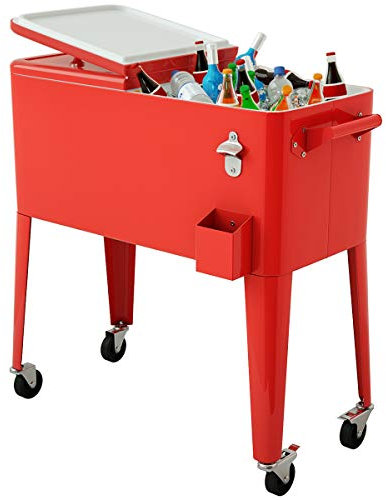 GOPLUS 76L Kühlwagen, Servierwagen Kühlbox auf Rädern mit doppeltem Deckel, Flaschenöffner & Griffe, Kühlbehälter Getränkewagen, Bar Getränkekühler für Terrasse Hinterhof Party Pool