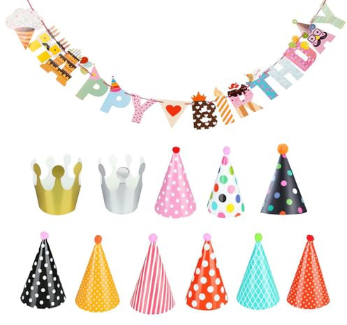DHWEKU Set di 11 cappelli da festa, per compleanno, 9 cappelli da festa con pompon e corona per 2 compleanni, adatti per feste di famiglia, per bambini e adulti