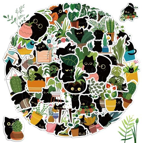 60 Stück Katzen und Pflanzen Aufkleber, 4-6cm Niedliche Wasserdicht Schwarze Katzen Aufkleber, Cartoon Kawaii Laptop Katzen Vinyl Stickers für Skateboard Fahrrad Moped Motorrad Scrapbooking