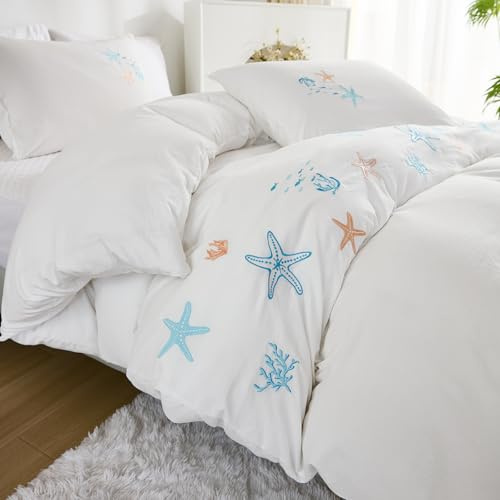 Merryword Starfish Coral Embroidery Comforter Set King Size Ocean Beach Themed Comforter Set Soft Washed Microfiber Bedding Comforter for All Seasons