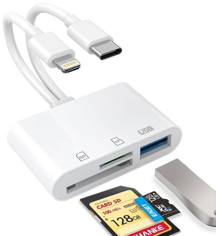 USB C SD Card Reader for iPhone, iPad, Lightning Dual Port SD Card Adapter, Memory Card Reader for Camera Adapter, Support SD, Micro SD, USB 3.0, Plug and Play