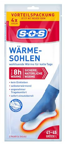 SOS Wärme-Sohlen Gr. 41-45 (8x2Paar) – Selbsterwärmend - bis zu 8 Stunden natürliche Wärme - ohne Einkleben - angenehmer ideal für Spaziergänge, Weihnachtsmärkte und Wintersport
