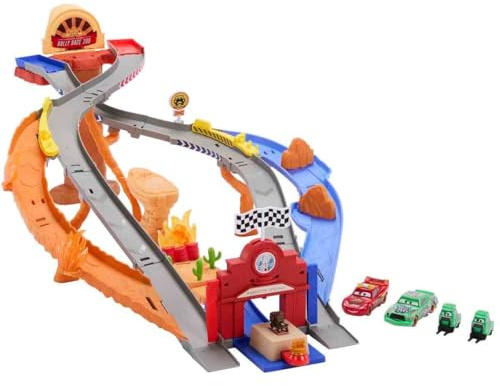 Mattel Disney and Pixar Cars Toy Playset, Lightning McQueen & Chicks Hicks & 2 Pitty Crew Vehicles, 2 Ways to Race, Race & Rescue Rescue Road Raceway