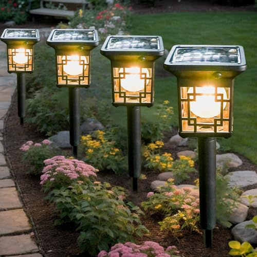 Hqynss Solaires Jardin pour Extérieurs, Pack de 4 Lampes de Chemin Solaires IP65 Étanche Solaire Eclairage Décoration Lampes Solaires pour Jardin, Terrasse, Allée, Paysage(Lumière Chaude)