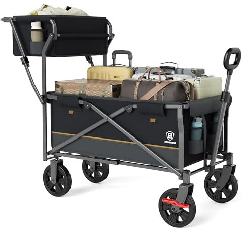 EVER ADVANCED Chariot de Transport Pliable Pousser&Tirer avec Frein, Panier à provisions, Porte-gobelets, Poche latérale, Chariot de Plage jusqu'à 100kg pour Camping, Plage, Courses