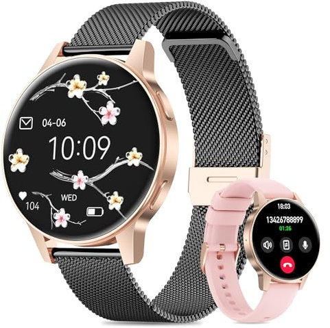 2025 Smartwatch Damen mit SIRI/ET/HR, 1.27 TFT Voll Touch Screen Smart Wach mit Telefonfunktion Pulsuhr Menstruationszyklus IP68 Schlafüberwachung Kalorien Fitness Tracker iOS Android (Schwarz Gold)