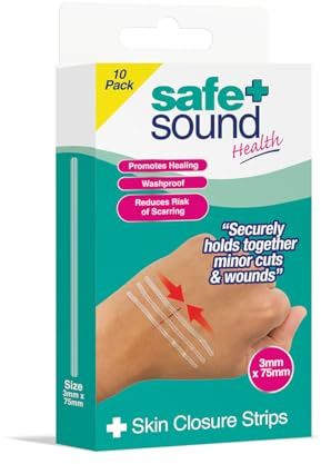 Safe & Sound Skin Closure Strips 10 Pack – Sterile Wound Closure Strips, Waterproof Adhesive Steri Strips for Minor Cuts, 3mm x 75mm