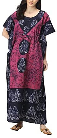 Indian Crafts Women Batik Printed Kaftan Cotton Night Suit Night Dress Long Caftan Nighty Maxi Gown Lightweight Pink