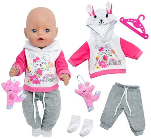 5 Pcs Baby Doll Clothes for 35–45 cm/14–18 Inch Dolls, Cute Baby Doll Pink Rabbit Top Outfit with Gray Pants, Rabbit Pendant, Pink Hanger, Socks, Cute Baby Doll Clothing, as a Gift for Girls