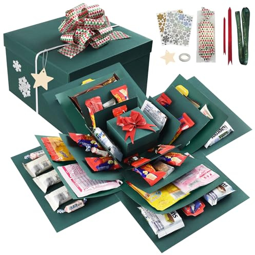 CHWNIBAY Überraschungsbox, 5-lagige Explosionsbox, Geschenkverpackung Geburtstag, mit Sticker, Schleifen, Überraschung Box für Weihnachten Geburtstag Jubiläum Valentinstag, Grün Set