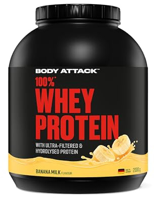Body Attack 100% Whey Protein Banana Milk, 2 kg - Made in Germany - extra cremiges Eiweißpulver mit Hydrolysat und BCAA´s, unterstützt Muskelaufbau und Diäten, für alle Sportler & Athleten