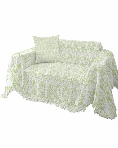 AMZRicher Green Baroque Sofa Couch Covers for Dogs, Washable Sofa Throw Cover Single Slipcovers for Armchair with Tassels, Abstract Art Floral Pattern Couch Protector Towel Blanket M 71''x91''