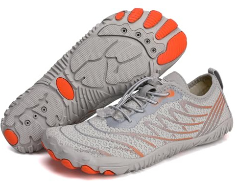 Shephorion Barefoot Water Shoes for Women Men, Quick Dry Aqua Beach Shoes with Wide Toe Box, Non-Slip for Swim Surf Diving Hiking Gym,Grey/Orange, 8 UK