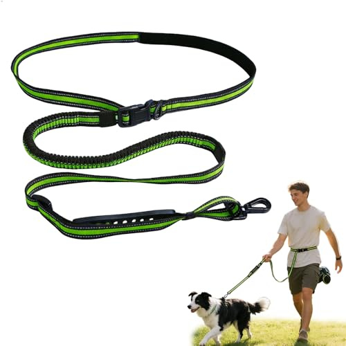 Guinzaglio per Cani Senza Mani, Guinzaglio Mani Libere per Cani, Cintura Portaguinzaglio per Cani da Corsa Guinzaglio Cane da Allacciarein Vita Cintura a Vita Bande Riflettenti Verde Fluorescente